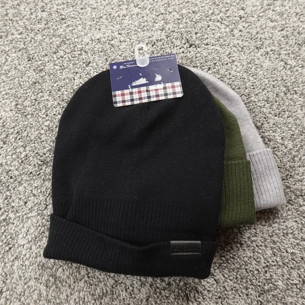 NEW Ben Sherman Hat Beanie Cap‎ Mens One Size Black Gray Green Knit 3 Pack Warm